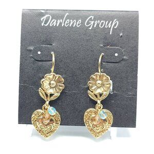 Gold Tone Heart Flower Blue Crystal Dangle Earrings By Darlene Group